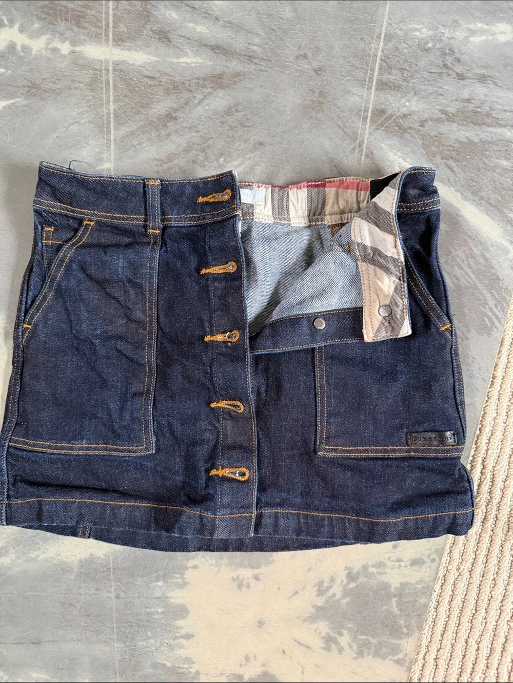 Burberry Girls Dark Blue Denim Skirt with Tan Stitching
